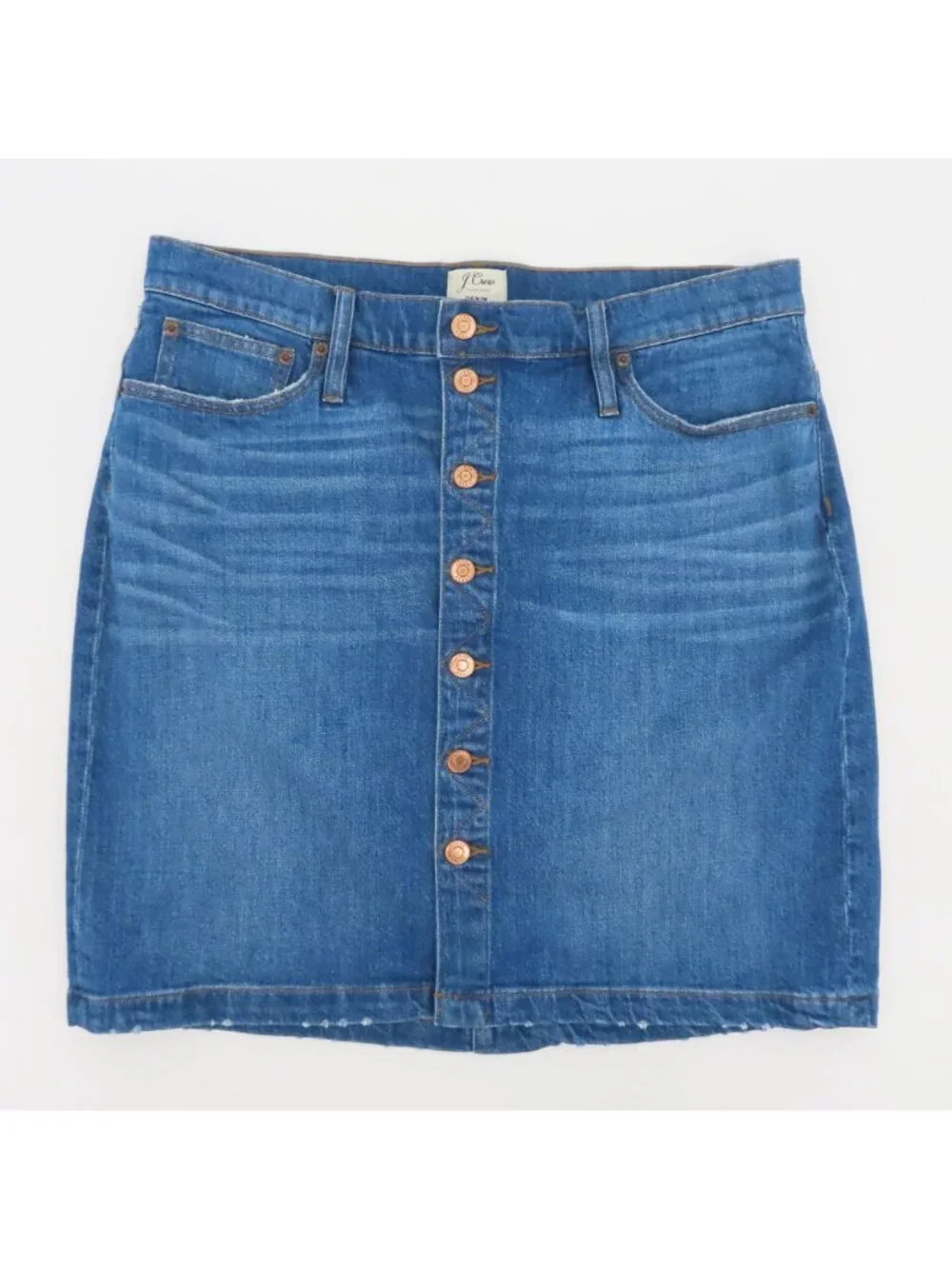 J Crew Women 32 Blue Jean Button Fly Skirt Whiskered Denim Pockets Cotton NEW